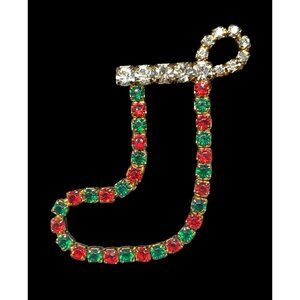Vintage Holiday Stocking Red And Green Rhinestone Open Brooch
